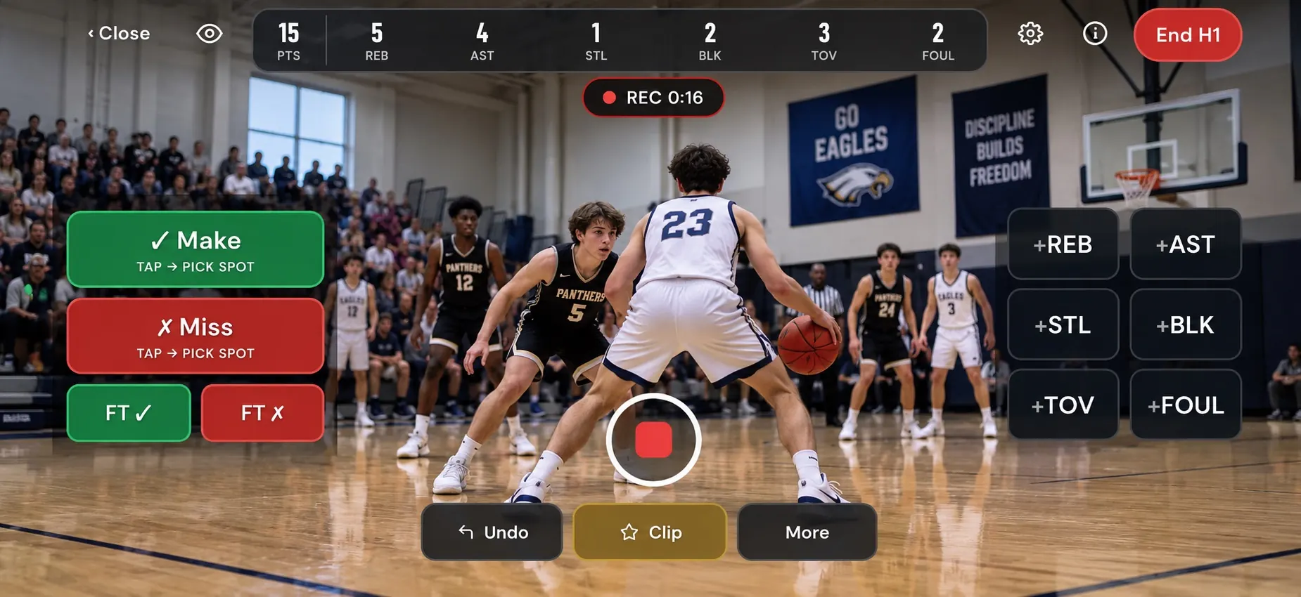 Camera Mode in landscape: Make and Miss on the left, stat buttons on the right, totals across the top