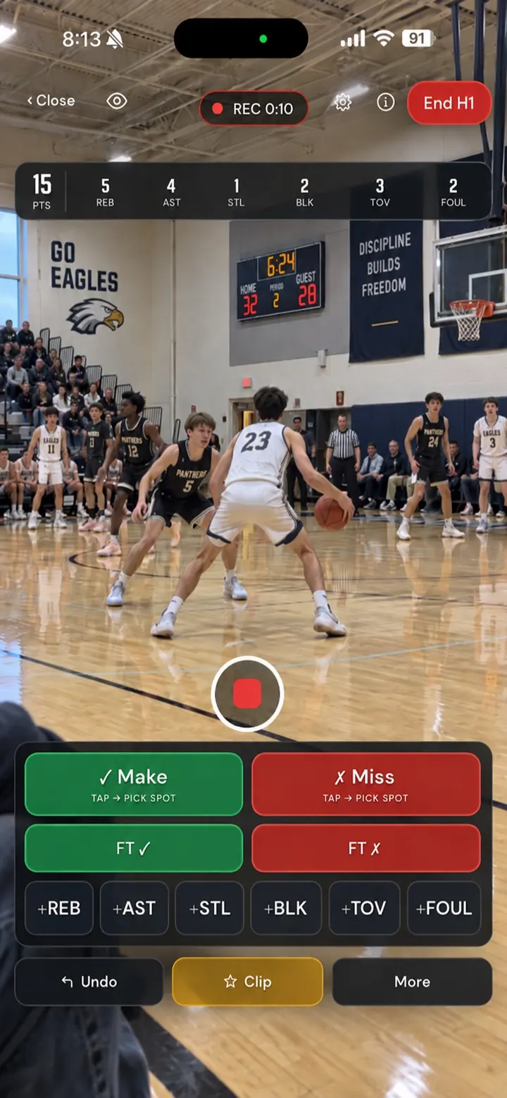 Camera Mode in portrait: live stat totals across the top, Make, Miss and stat buttons along the bottom