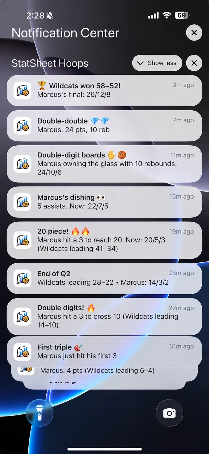 Real-time push notifications for every shot, milestone, and period