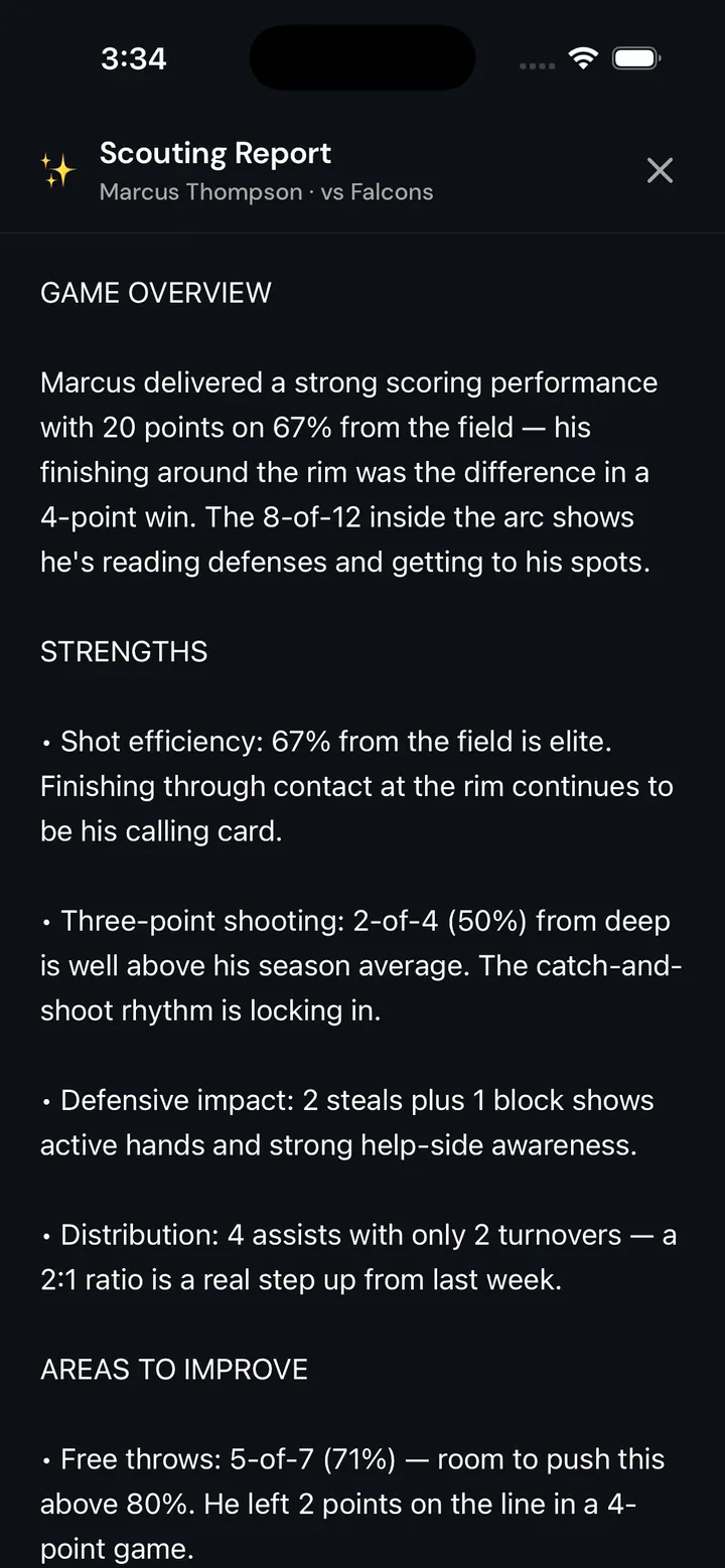 Scouting Report for a single game