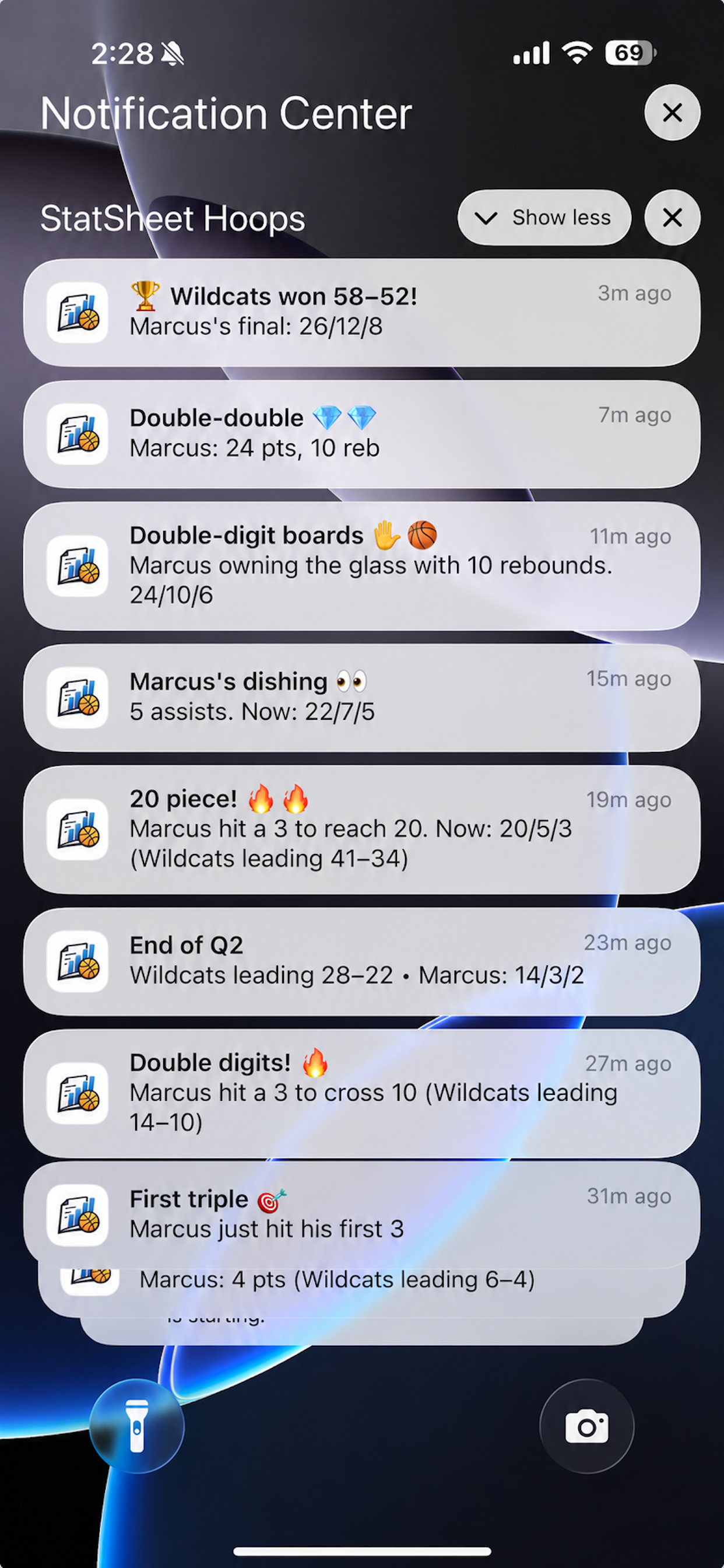 Real-time push notifications for every shot, milestone, and period