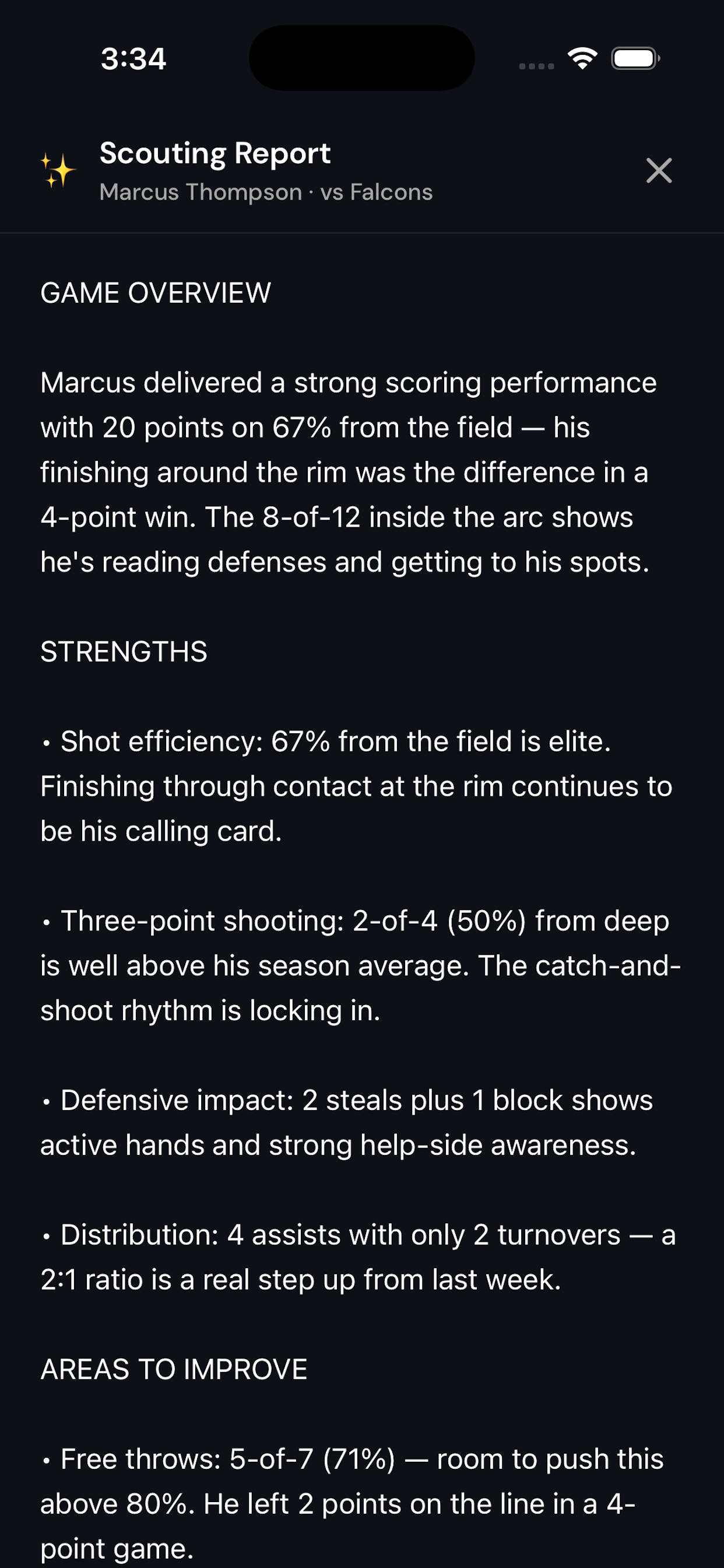 Scouting Report for a single game